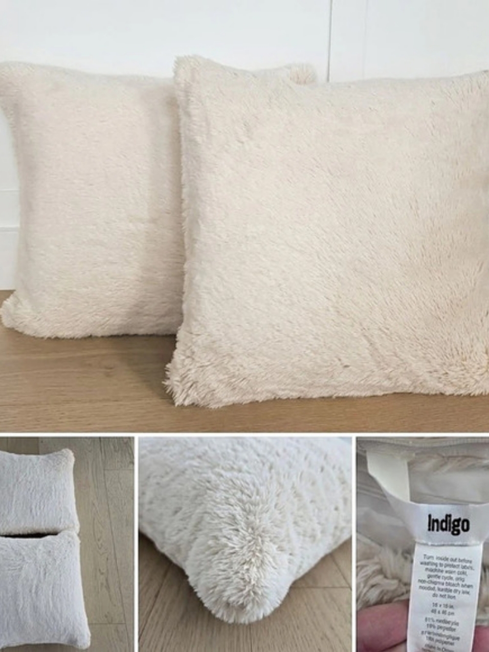 Set of 2 Indigo Plush Faux Fur Throw Pillows w/ Feather Inserts (Cream / Peach)